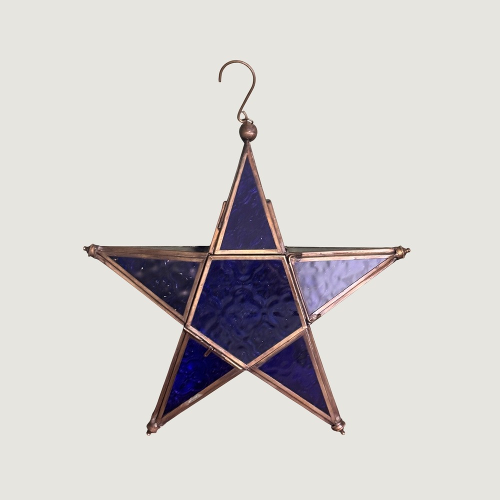 Blue Stained Glass Star Lantern Hanging Tea Light Candle Holder Moroccan Decor
